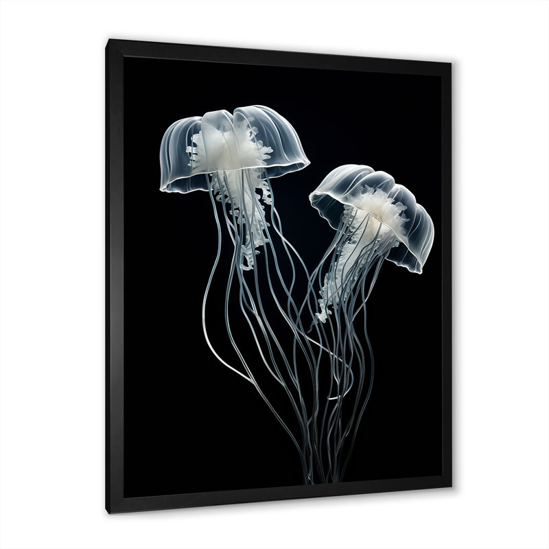 Impression sur toile «Black and White Jellyfish Luminous Drifters I» - Plage et océan, Cadre simple noir