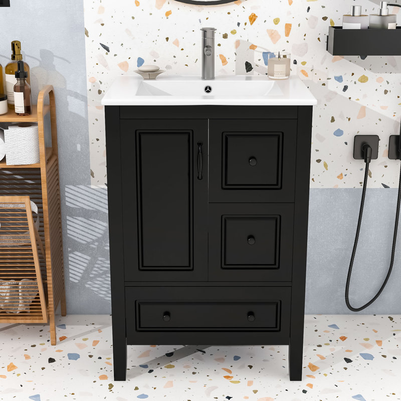 Meuble-lavabo autoportant classique de 24 pouces avec tiroirs à fermeture en douceur, Noir