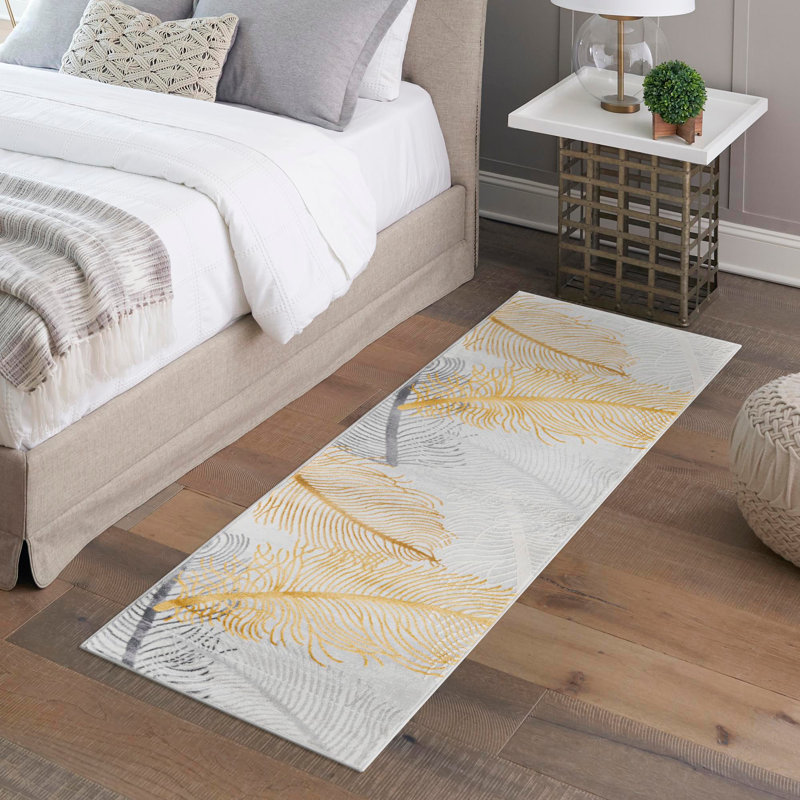 Tapis jaune / gris à motif floral Hollen, Tapis de couloir 2 pi x 8 pi