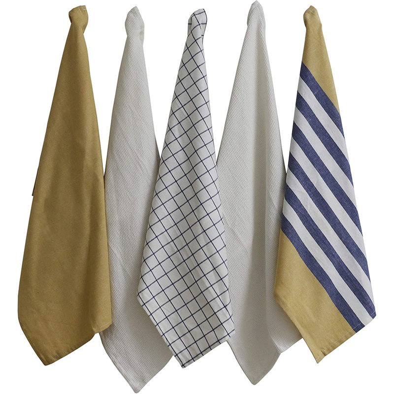 Cotton Stripe Tea Towel Kitchen Towel, Mustard/Navy/White