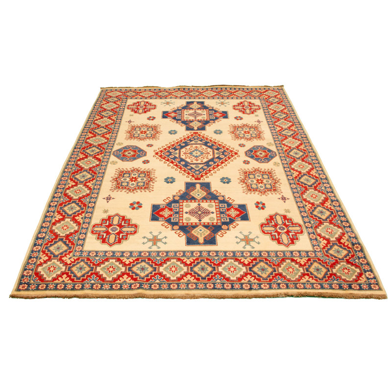Tapis décoratif en laine noué à la main de conception unique 8 pi 5 po x 11 pi 6 po Desmoke Ivoire/bleu/rouge