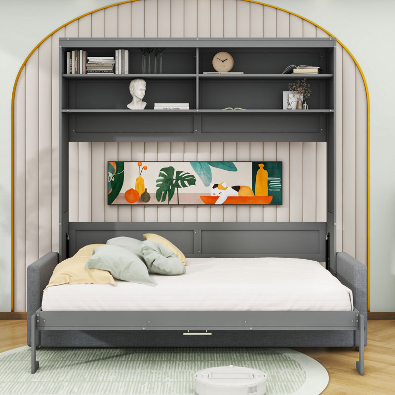 Grand lit escamotable mural avec canapé et tablettes de rangement, gris