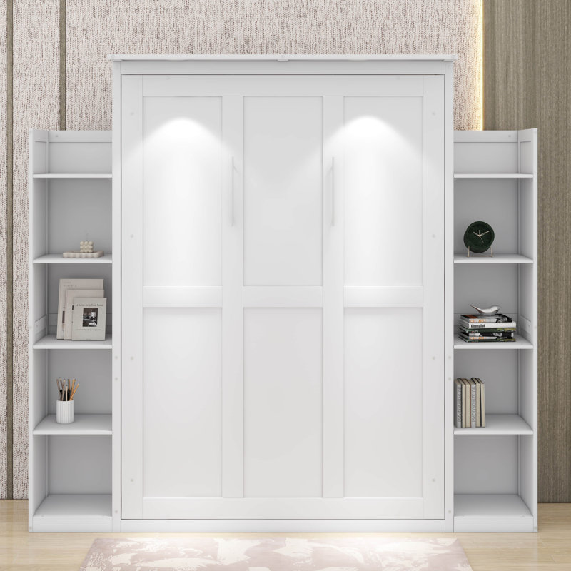 Lit escamotable double avec lumières DEL et tablettes, Blanc
