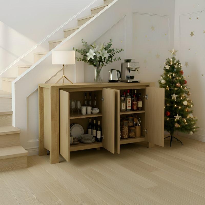 Buffet armoire de rangement pour salle à manger, cuisine, buffet 4 portes en bois avec 4 compartiments, Naturel