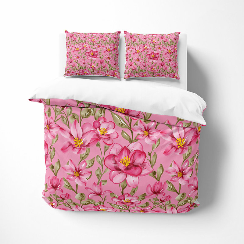Ensemble de housse de couette en microfibre rose et vert 3 pièces, Housse de couette très grand + 2 taies décorativ