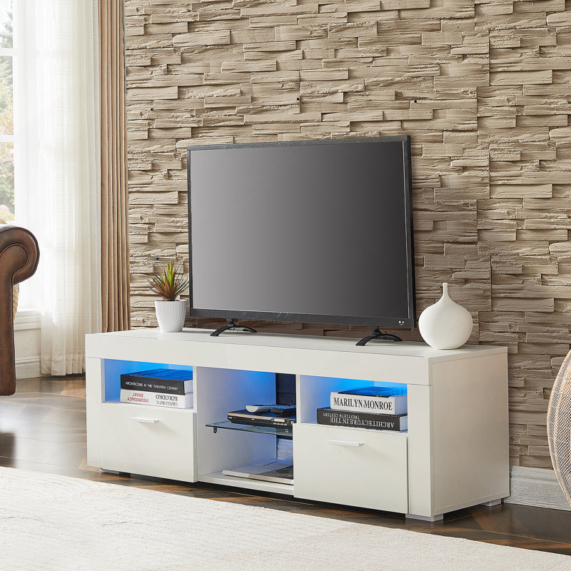 Meuble télé moderne avec lumières DEL intégrées, convenant à plusieurs pièces et à divers besoins de divertissement, offrant un assemblage simple et un attrait esthétique