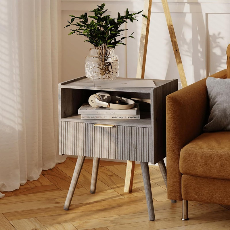 Table de chevet moderne avec tiroir de rangement et tablette ouverte en bois - Table de chevet d'appoint avec pieds en bois massif, chêne gris