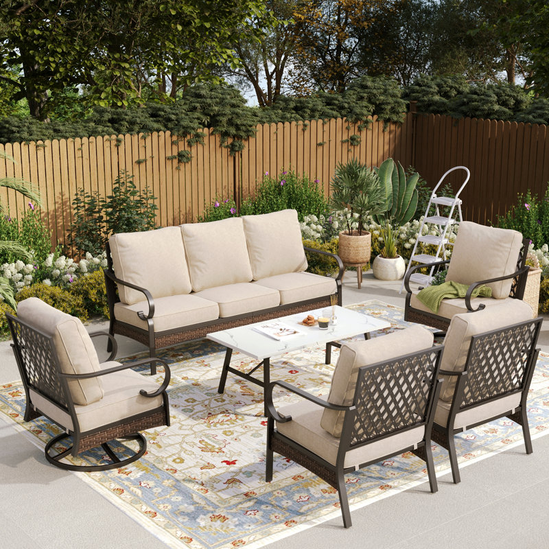 Ensemble de conversation pour 7 personnes avec 2 chaises longues pivotantes, Beige