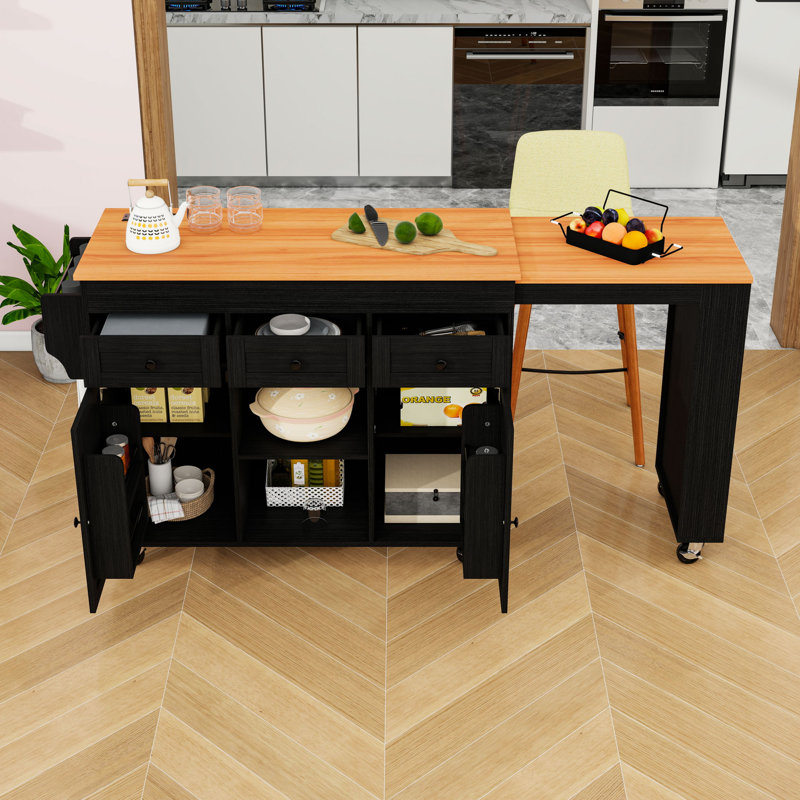 Rolling Kitchen Island with Power Outlet, 3 Drawers, 2 Doors and Shelves, Black