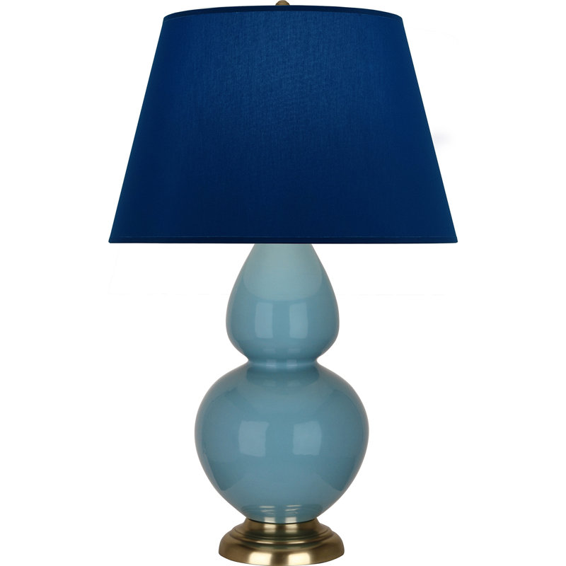 Lampe de table double gourde en céramique, Bleu marine/gris, Bleu acier émaillé / laiton, Laiton