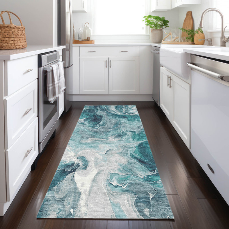 Tapis bleu sarcelle lavable à la machine intérieur / extérieur Cinead ACN1687, Tapis de couloir 2 pi 3 po x 7 pi 6 po