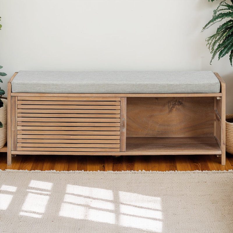Upholstered Storage Bench, White Washed