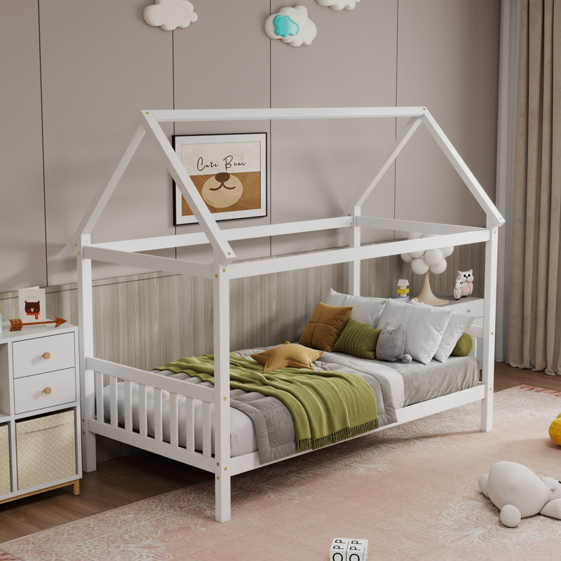 Twin Size Solid Wood House Bed With Headboard And Footboard, White