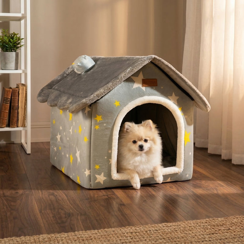 Niche intérieure pliable pour animaux de compagnie, nid de ferme chaud et moelleux avec coussin amovible, cachette de style condo pour petits animaux de compagnie, taille grand, gris