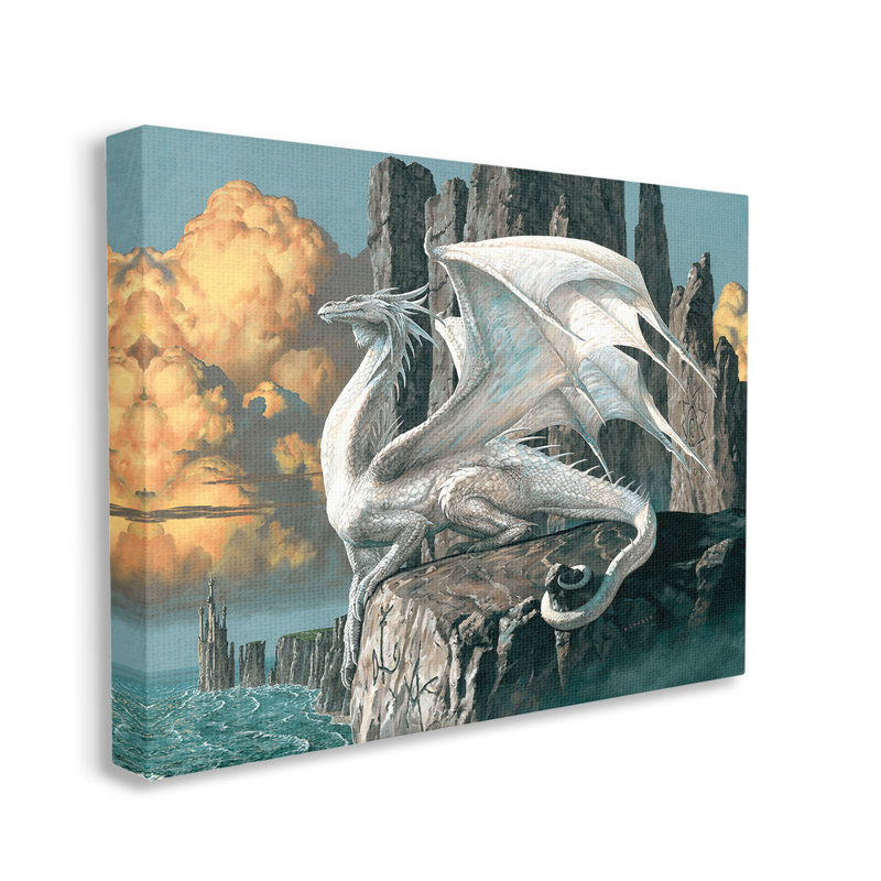 Dragon perché sur une falaise, art mural par Ciruelo, H 16 po x l 20 po x P 1,5 po