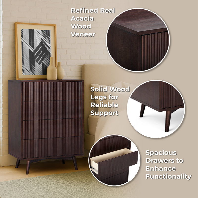 Tremolo 4 Drawers Dresser With Push-Open Design & Contemporary Fluted Fronts for Bedroom Organization, Espresso