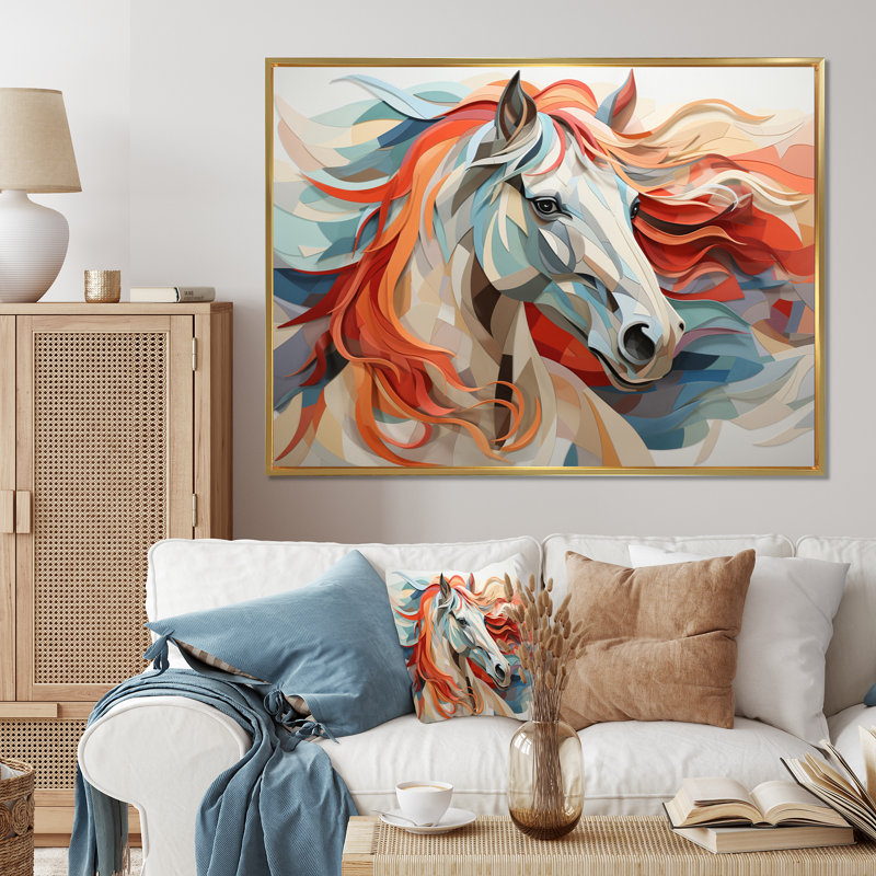 «Colorful Horse Spirit of Equus» - art mural cheval, 16" H x 32" W, Cadre flottant doré