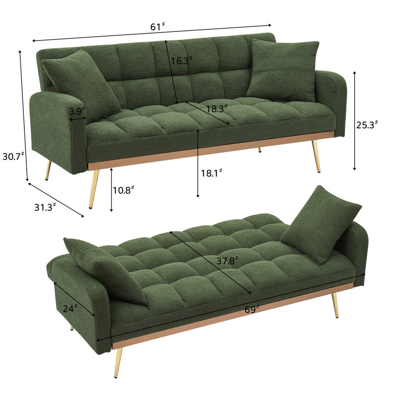 69''Modern Teddy Tufted Convertible Futon Sofa Bed, Green Velvet
