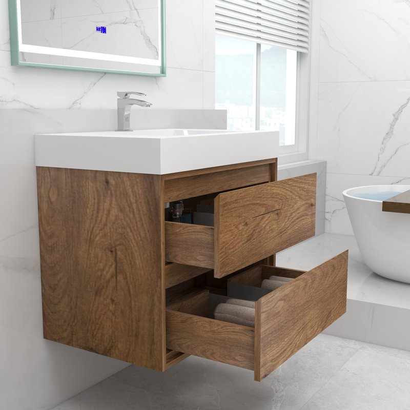 30'' Single Bathroom Vanity with Acrylic Top, Teak Oak