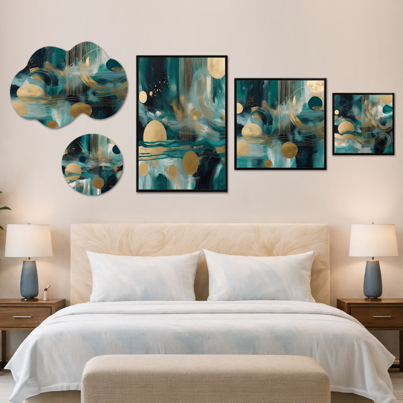 Vivid Emerald & Gold Contour Circles II - Large, art mural abstrait, ensemble de 5 toiles encadrées et métal (100 po x 40 po)