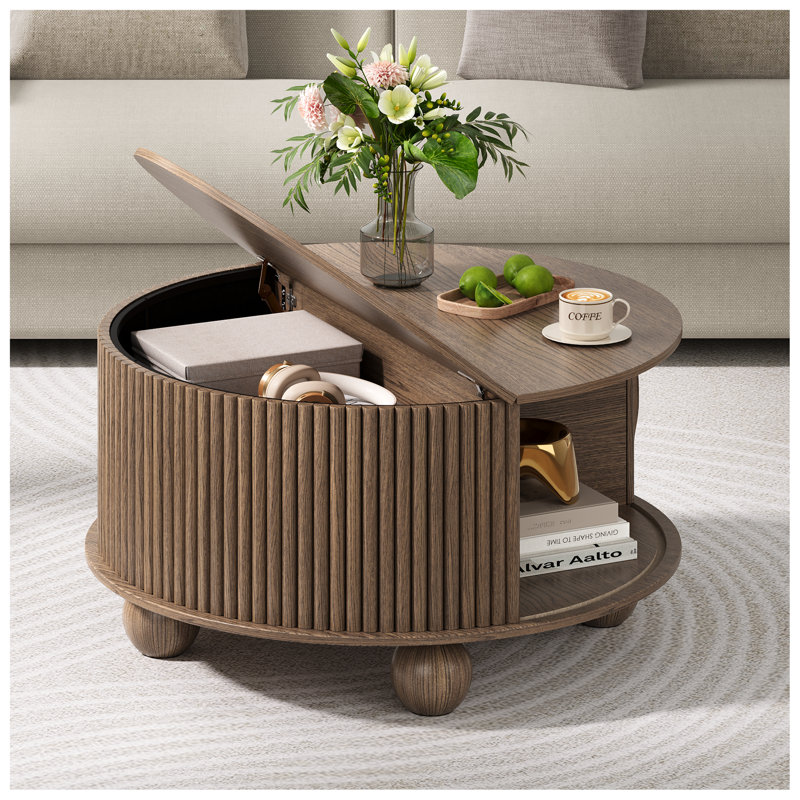 Round Coffee Table With Storage, Fluted Lift Up Coffee Table With Sliding Door, 31.5" Drum Center Table With Bun Feet For Living Room, Home Small Space, Walnut