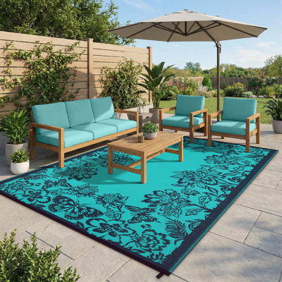 Tapis d'extérieur imperméable et réversible en plastique de 9 pi x 12 po pour le camping, le pique-nique, le balcon, le porche, le véhicule récréatif, grand tapis d'extérieur à motif floral facile à nettoyer et à séchage rapide, bleu sarcelle