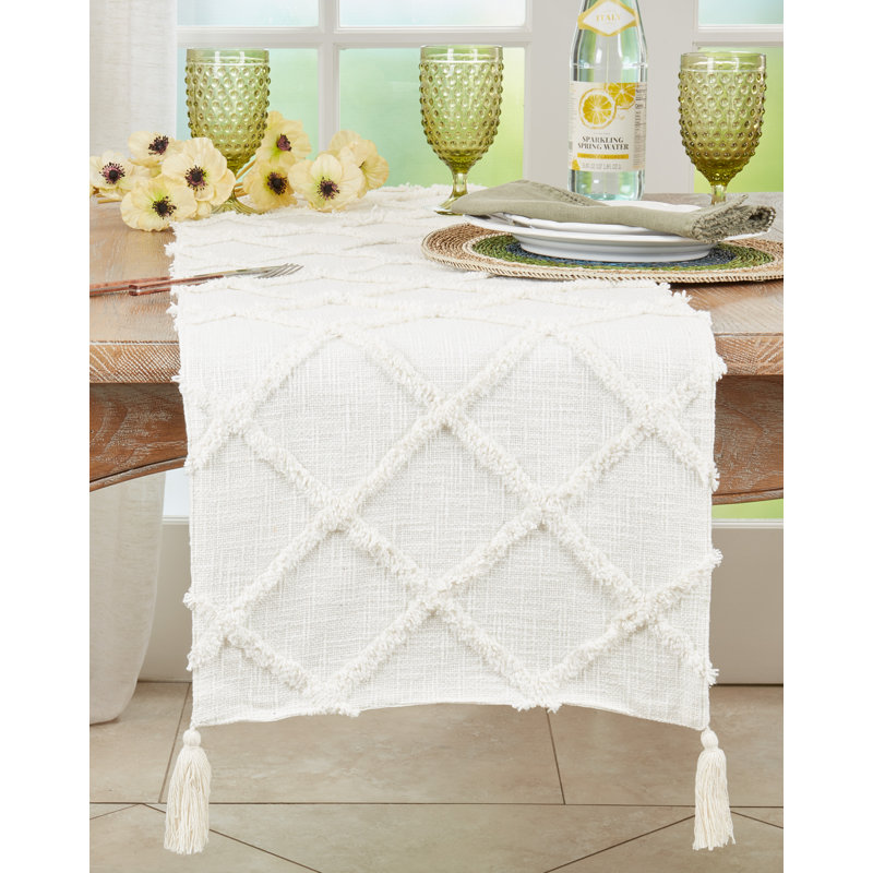 Ivory Diamond Tufted Cotton Table Runner with Tassels