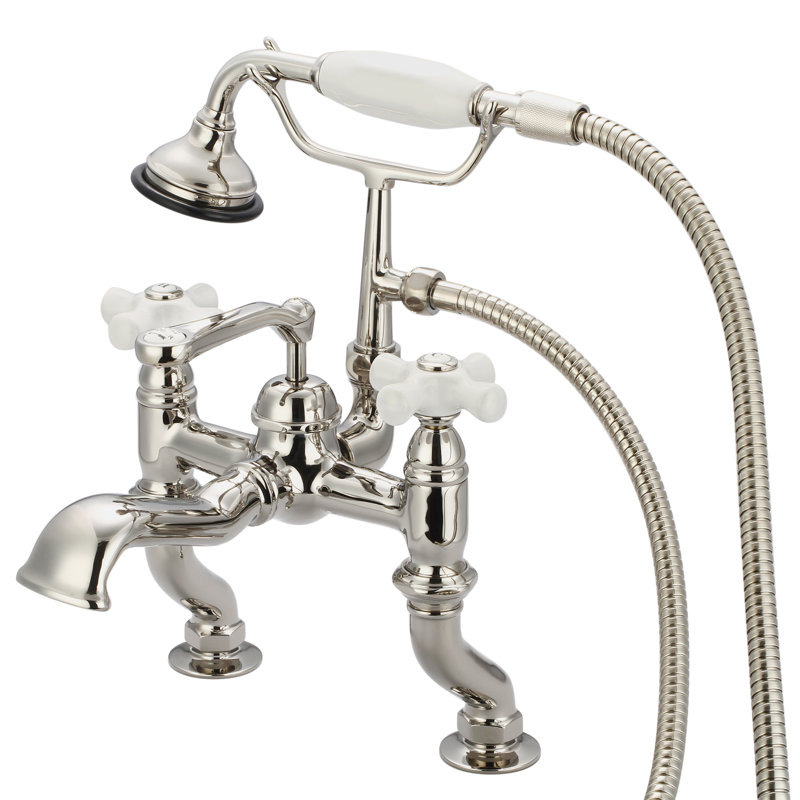 Stonington Deck Tub Spout, Porcelain Cross Handles, Polished Nickel