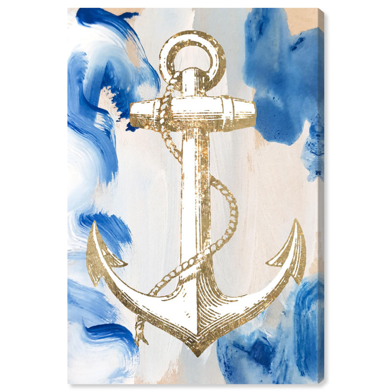 Anchor in Waves Blue and Gold Canvas Beach Wall Art