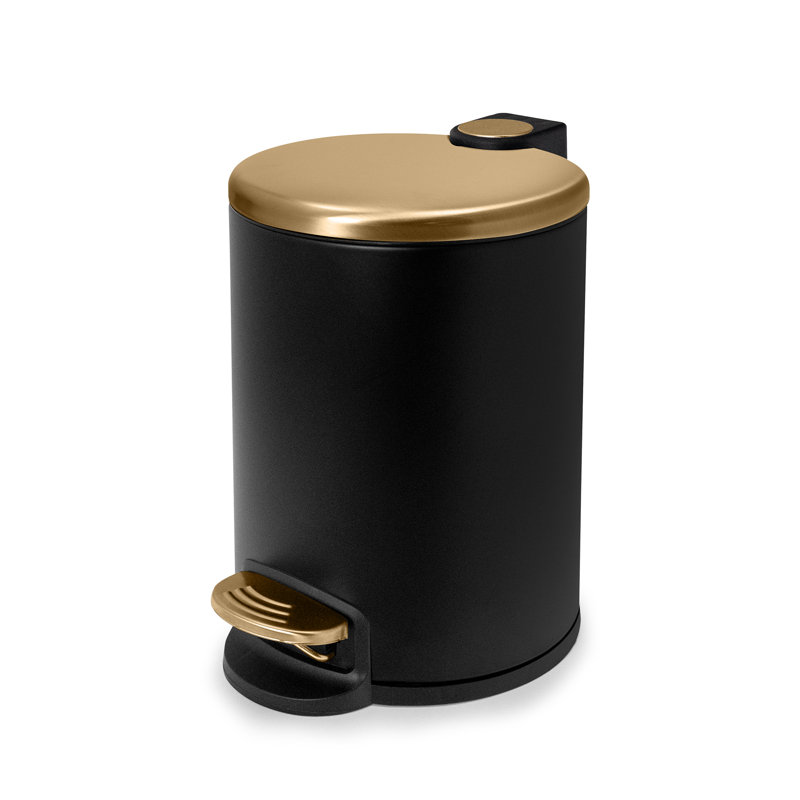 Acento Rondo 1.3 Gallon Round Step Trash Can with Soft Close and Stay Open Lid, Removable Liner Bucket and Premium Foot Pedal, Matte Black and Gold