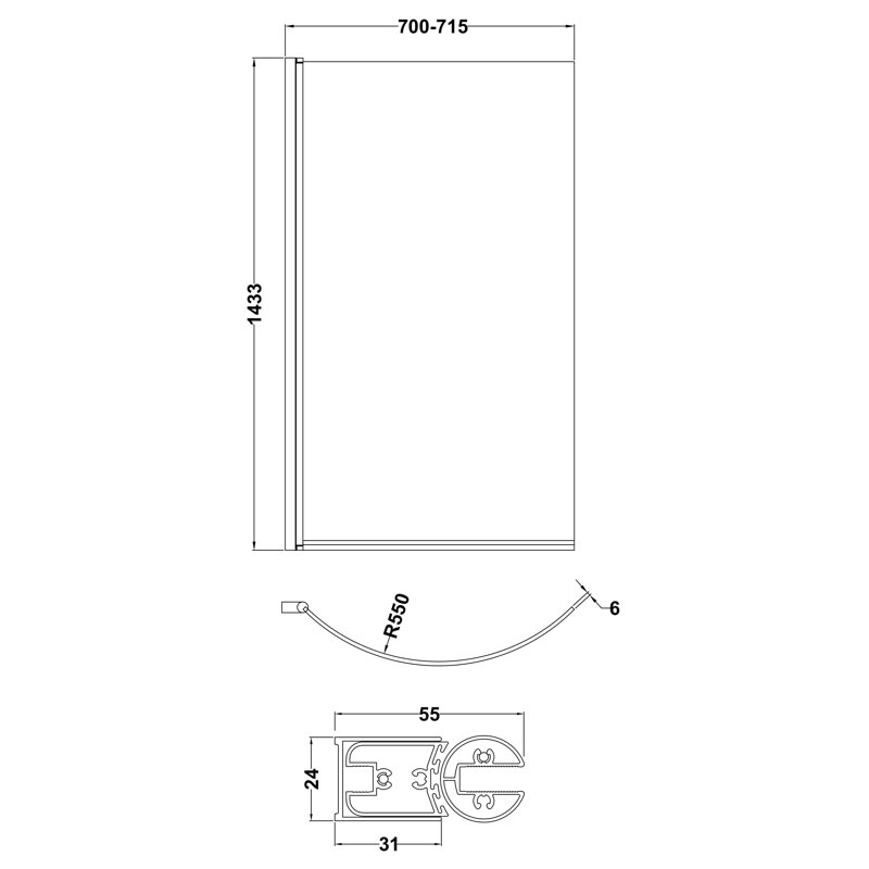 Pacific 720mm W x 1435mm H Hinged Semi-Frameless Tub Door with Clear Glass, None