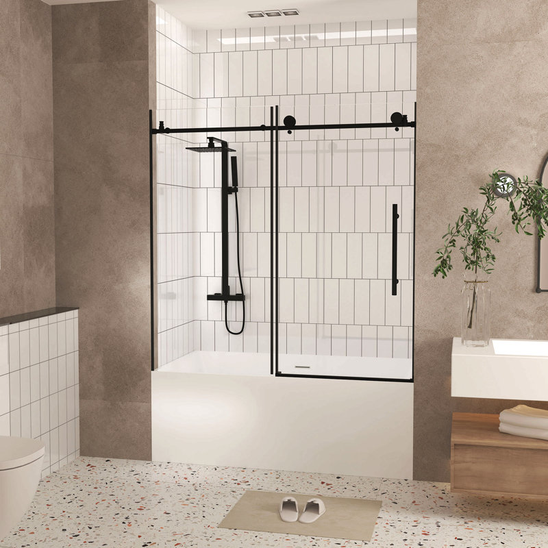 Frameless Shower Door, 1/4 "(6 Mm) Clear Tempered Glass, Explosion Proof Film, Stainless Steel Handle, Left Hand/Outswing