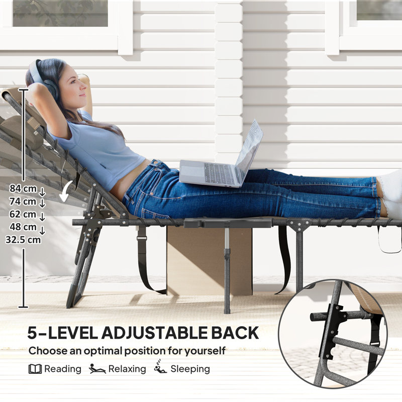 Folding Chaise Lounge Chair Outdoor Tanning Chair with Side Table, 5-Level Adjustable Beach Lounge Chair with Headrest, Side Pocket for Patio, Backyard, Beach, Poolside, Beige