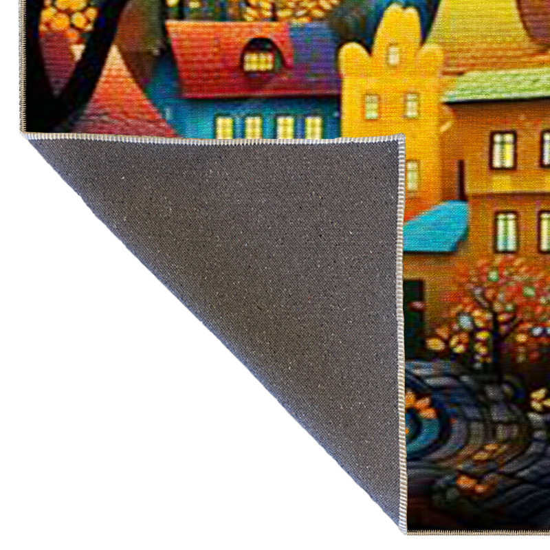 Tapis décoratif multicolore arbre et maisons, Tapis de couloir 3 pi 3,37 po x 9 pi 10,11 po
