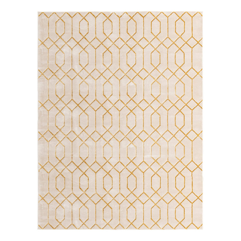 Tapis blanc / doré à motif géométrique Corando, Rectangle 10 pi x 13 pi 1 po