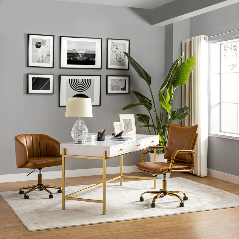Gedrie Modern Faux Leather Swivel Office Chair, Camel, Gold