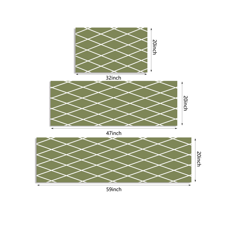Machine Washable Non-SlipKitchen Mat(Set of 3), Green Geometric
