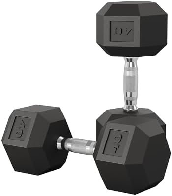 5-50 LB Hex Dumbbell Pair, Rubber Coated Cast Iron, Textured Handle Home Gym