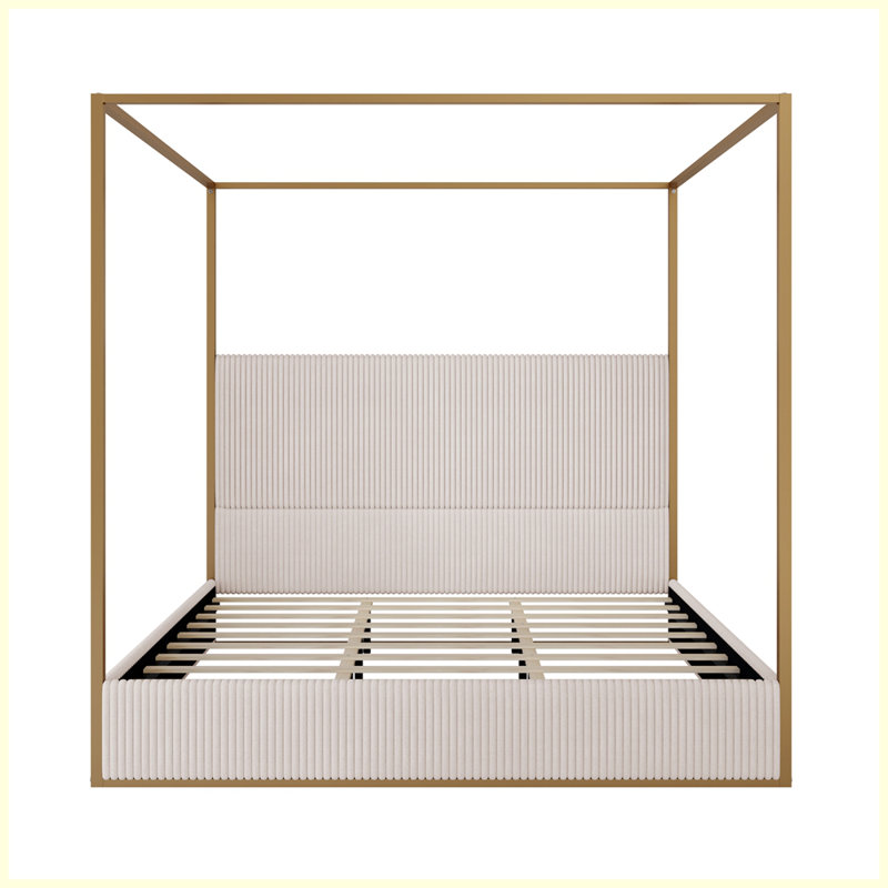 Modern Luxury Metal Canopy Bed with Tall Corduroy Upholstered Headboard and Four Poster, Black/White