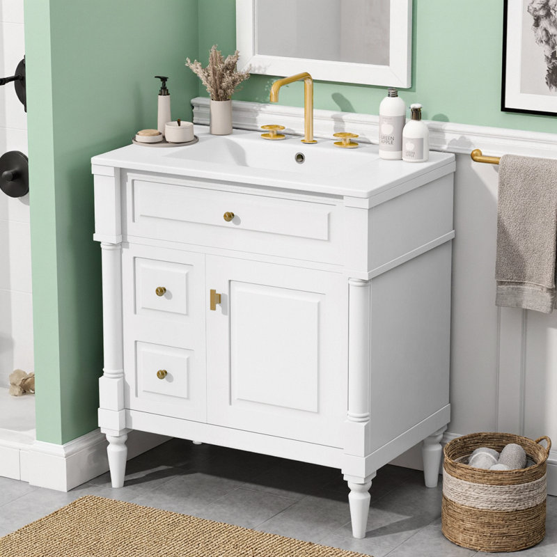 Meuble-lavabo autoportant de 30 pouces avec lavabo, tiroir rabattable et support de rangement noir, Blanc