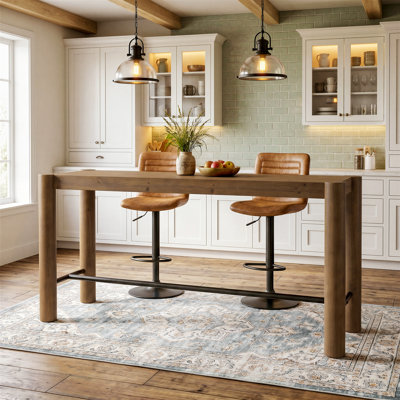 59 Inch Solid Wood Bar Table, Counter Height Dining Table with Metal Footrest