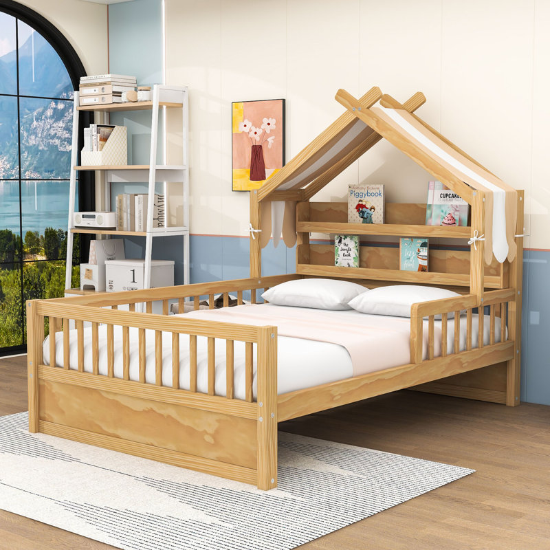 Wood House Bed with Storage Headboard, Natural, Full