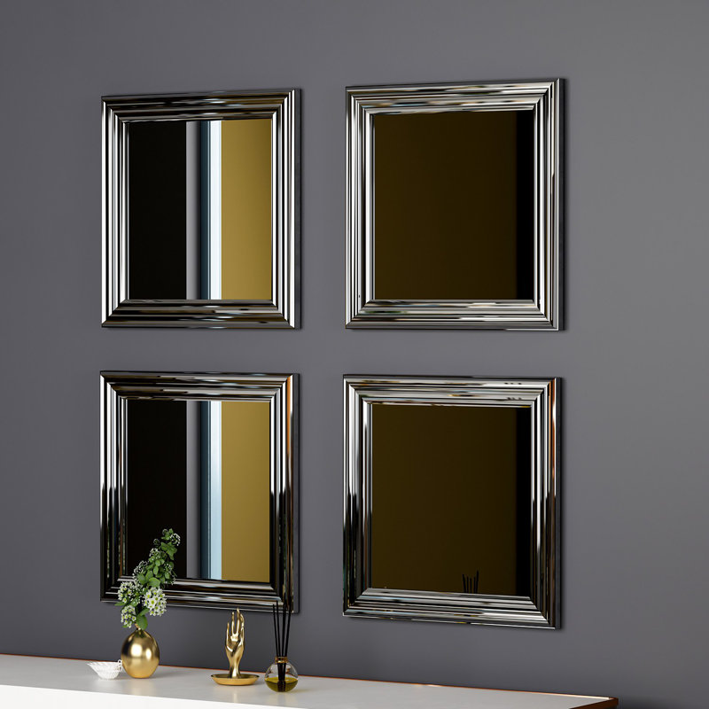 Elegant Silver Framed Mirror Set (4 Pieces) | 100% MDF, 15.7 x 15.7 x 1.2 inches | Eco-Friendly Flotal-E Glass, Wall-Mountable | Modern Design for Home Decor, Living Room, and Bedroom - Stylish and Functional