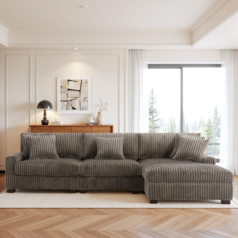 4 Seater Sofa & Chaise, Light Brown Polyester/Foam Padding