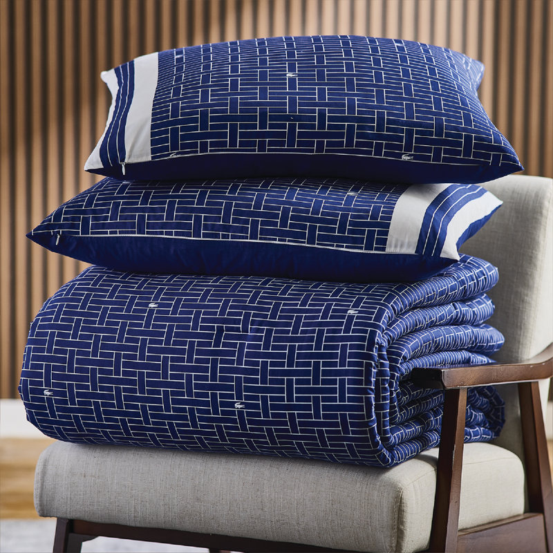 Lacoste Heritage Geo King Size 3-Piece Comforter Set, Premium Cotton Percale Cover with Microfiber Fill, Soft Breathable All-Season, Navy