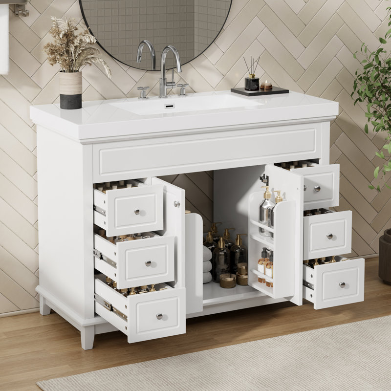 Meuble-lavabo moderne 48 po avec lavabo en résine Alderbrook, 6 tiroirs à fermeture en douceur et portes doubles
