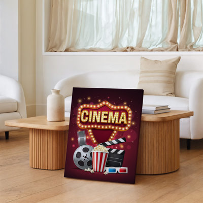 Canvas Create A Vibrant Cinematic Themed Illustration Featuring A Glowing Marquee Wall Art Sign That Reads CINEMA In Bold Retro Canvas Wall Art