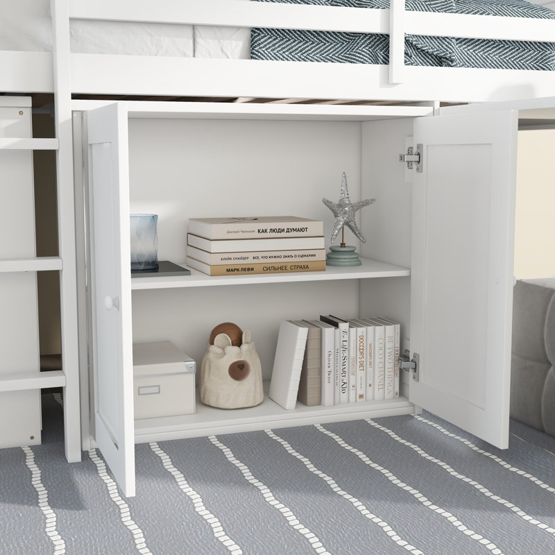 Lit mezzanine simple peu encombrant avec bureau intégré et armoire de rangement, Blanc