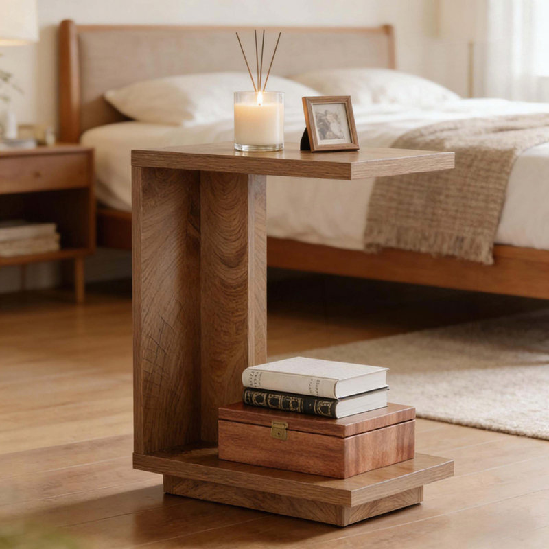 C-Shaped Bedside Table with Slatted Design