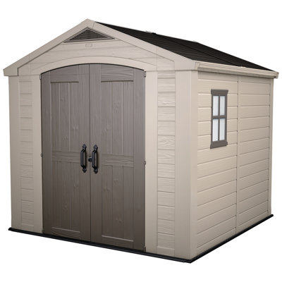 Keter Factor 8x8 ft. Durable Resin Outdoor Storage Shed With Floor and Double Doors for Garden Patio Furniture and Tools, Brown